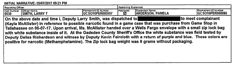 Excerpt from the Gasden County police report. Address redacted by Kotaku.
